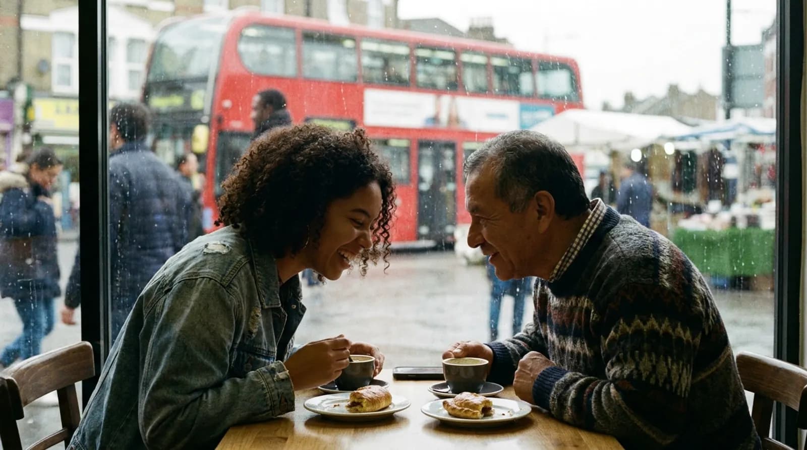 Dos vecinos conversan con café y empanadas junto a la ventana de un café latino de Brixton
