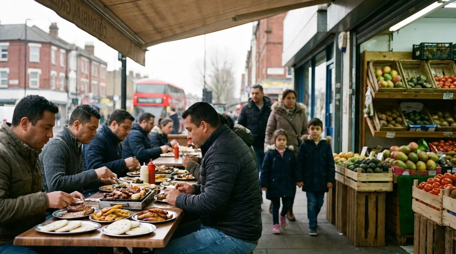 Terraza de una parrilla colombiana en Elephant & Castle con platos compartidos y una tienda latina al lado