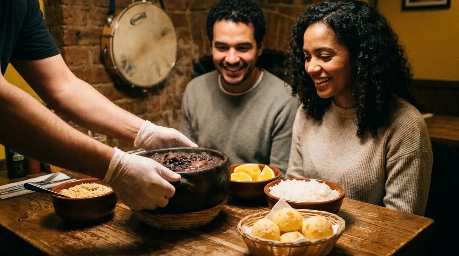 Feijoada humeante servida a una pareja brasileña en un restaurante de Londres, con pão de queijo en la mesa