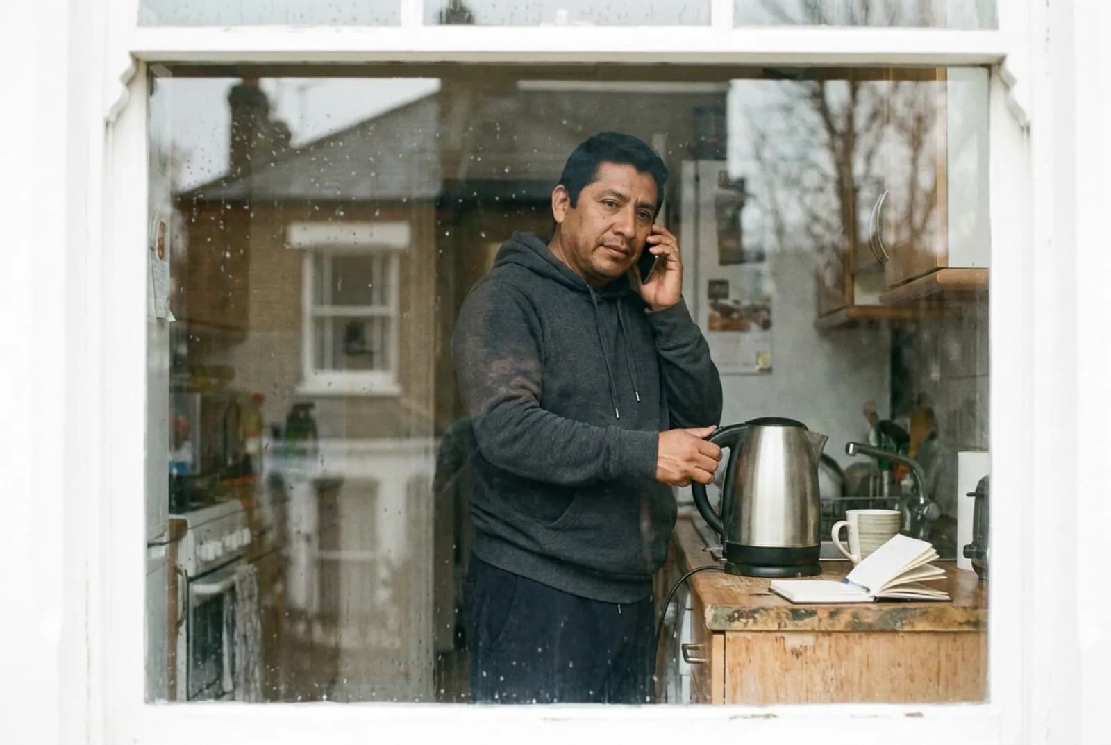 Un hombre latino llama a su consulta del GP a primera hora de la mañana desde la cocina de su piso en Londres
