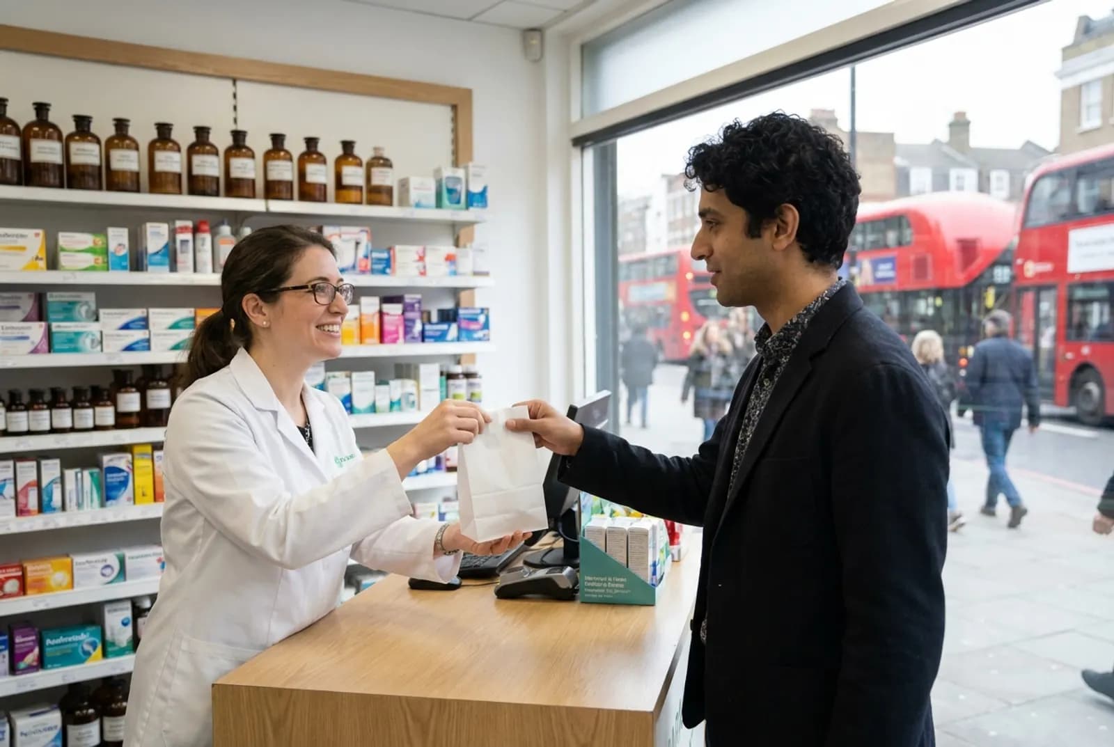 Una farmacéutica entrega un medicamento a un hombre latino en una farmacia de barrio en Londres