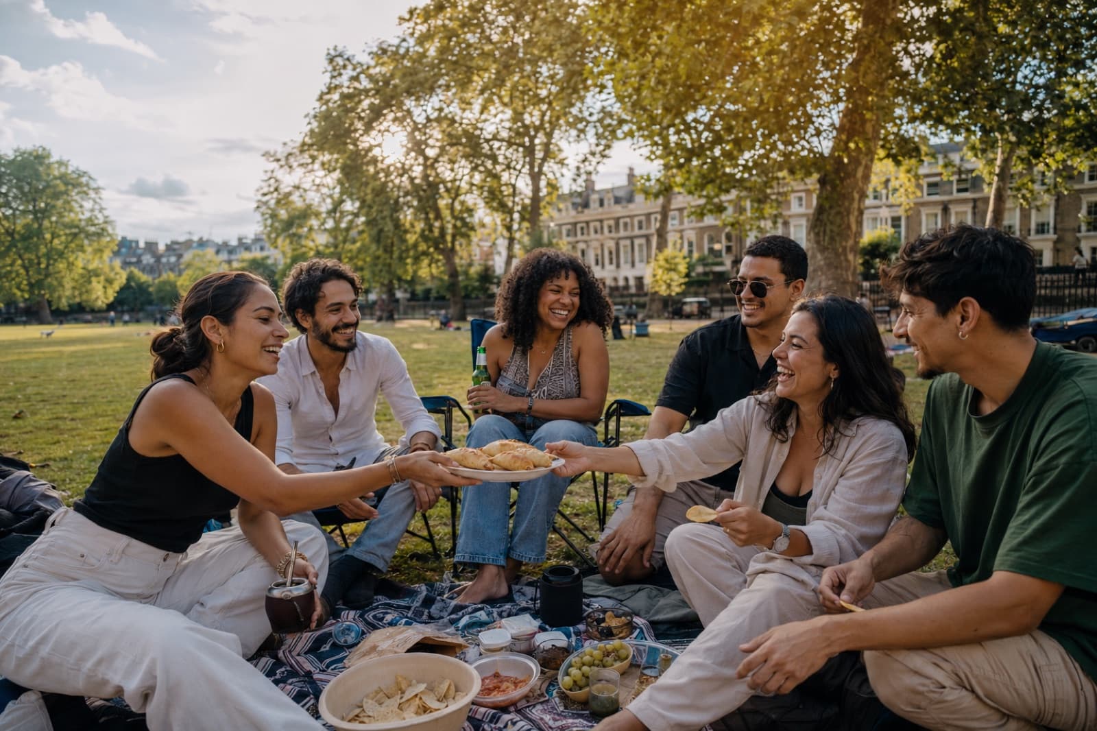 Un grupo de amigos latinoamericanos comparte empanadas y mate en un parque de Londres al atardecer
